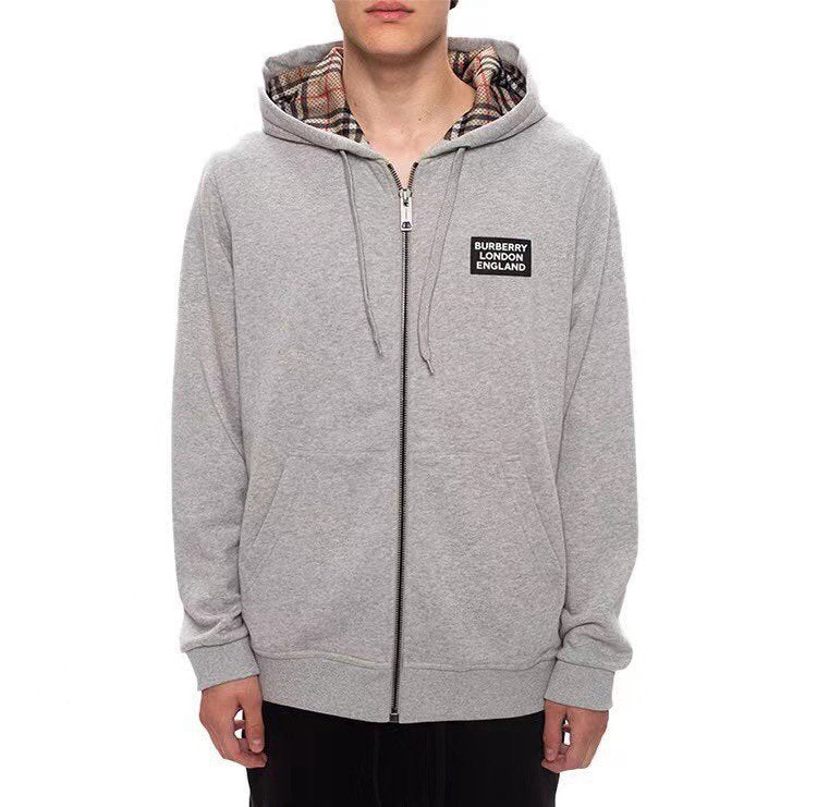 Burberry Letter Graphic Cotton Blend Zip Hoodie Grey