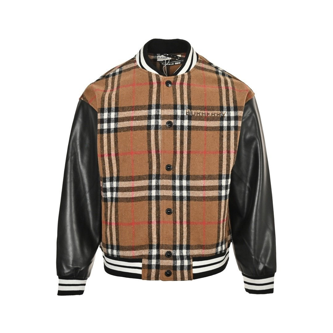 Burberry Checked Leather Sleeve Bomber Jacket