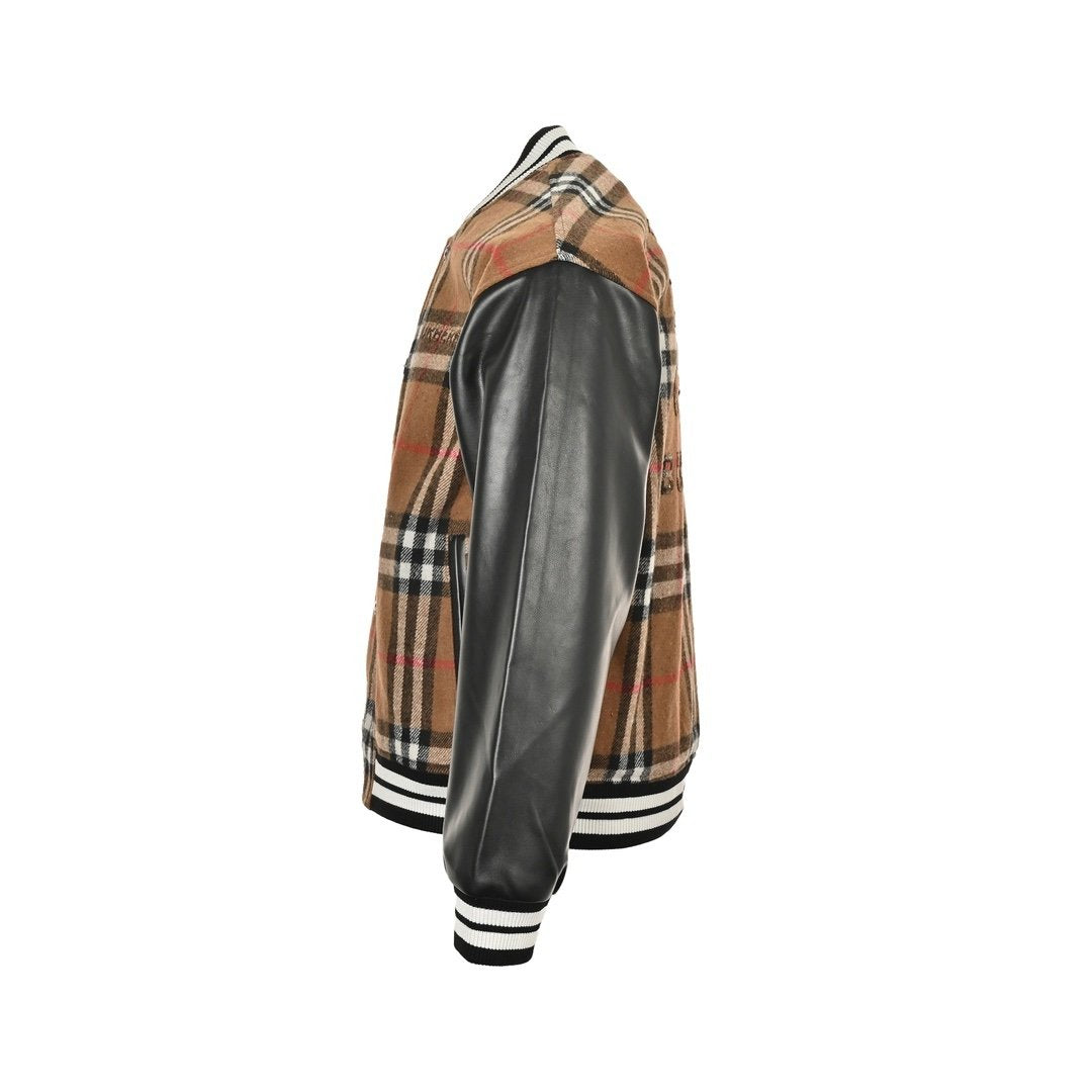 Burberry Checked Leather Sleeve Bomber Jacket