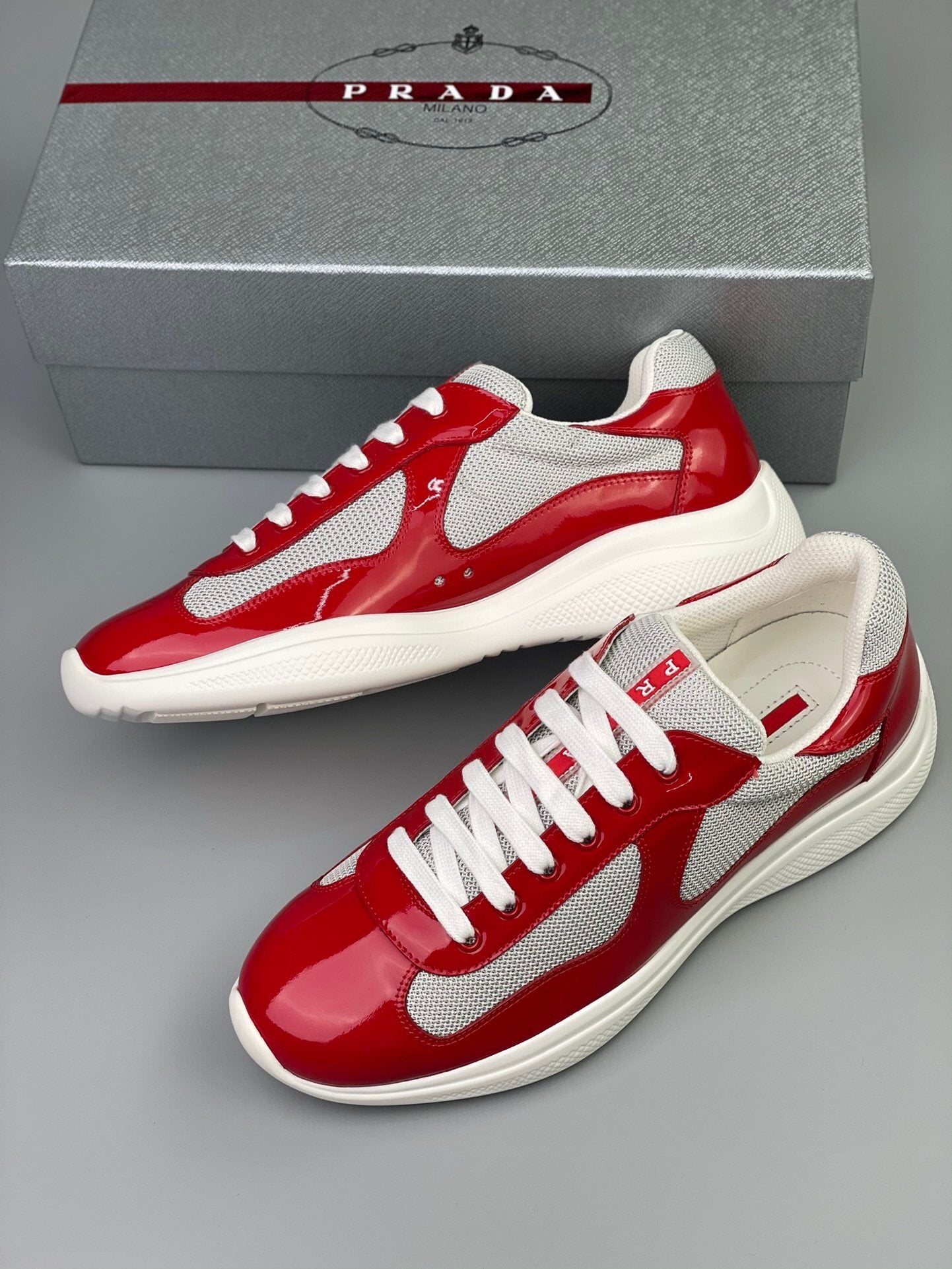 Prada Americas Cup Red Grey Trainers