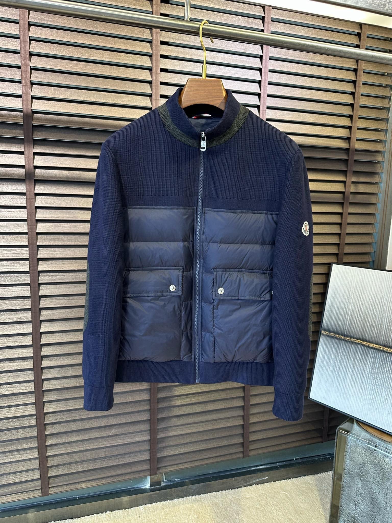 Moncler Knitted Padded Cardigan Jacket Navy Blue
