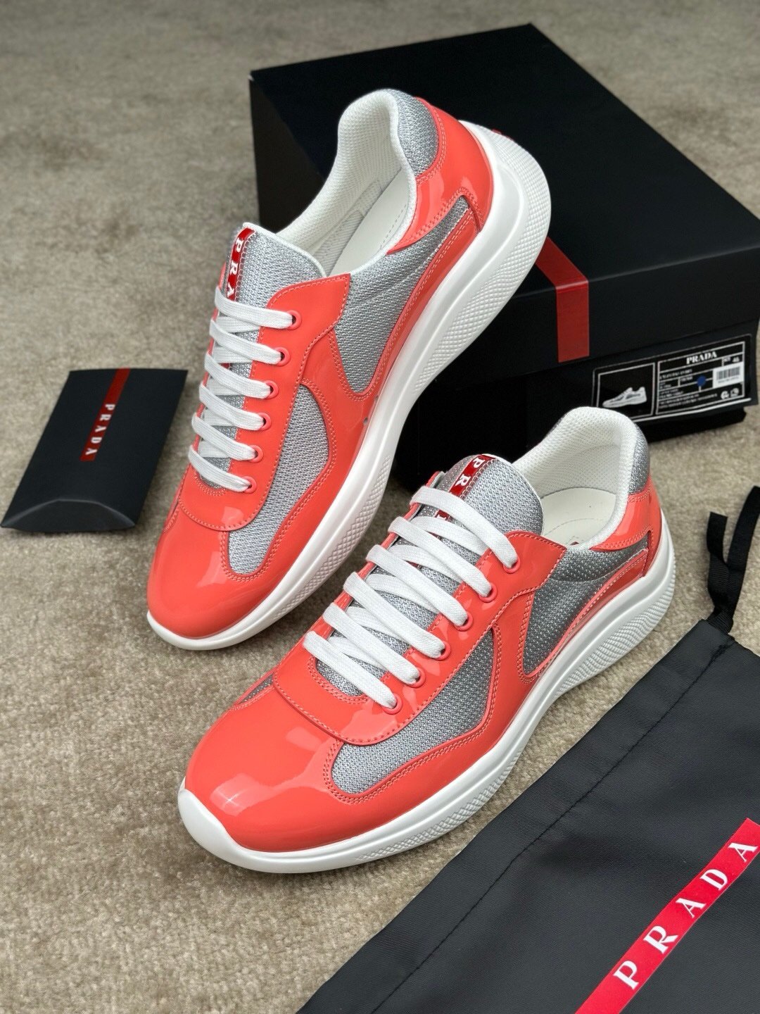 Prada Americas Cup Coral Silver Trainers