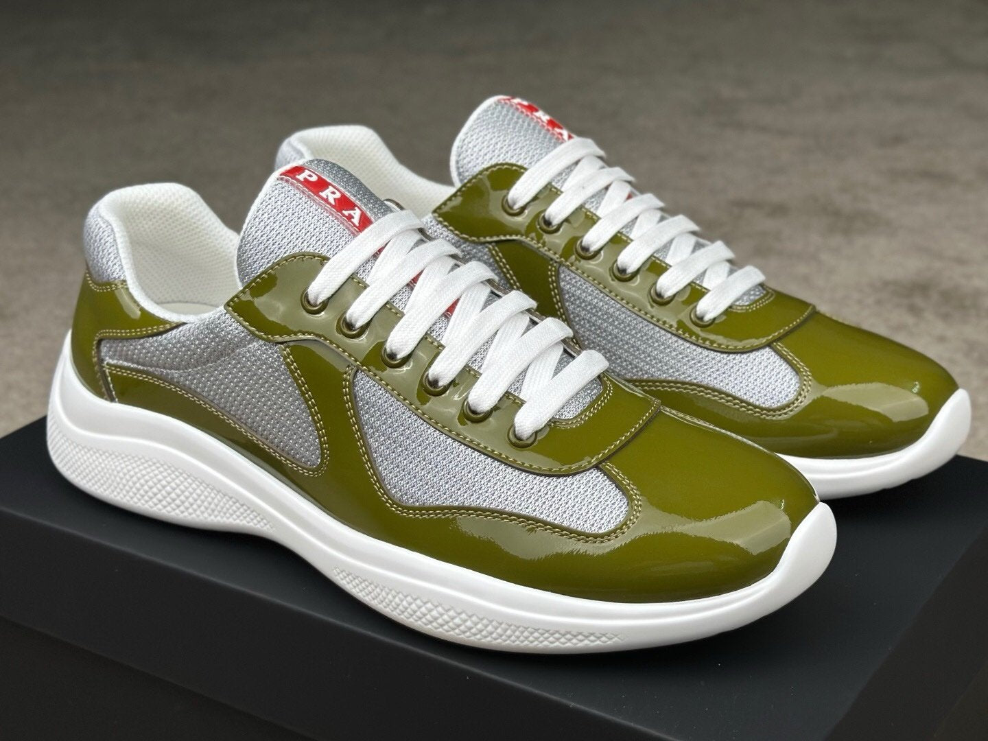 Prada Americas Cup Olive Green Grey Patent Trainers