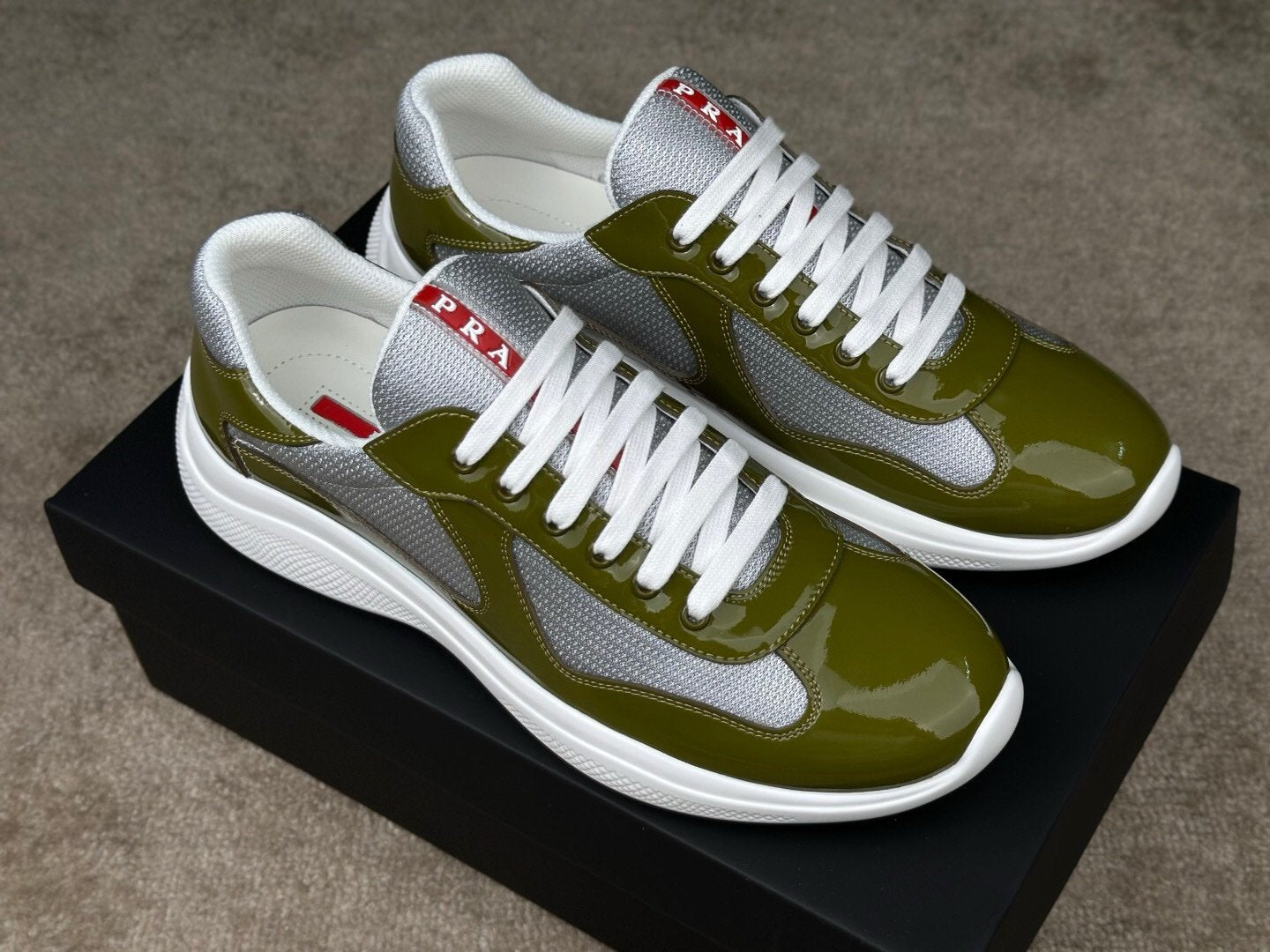 Prada Americas Cup Olive Green Grey Patent Trainers