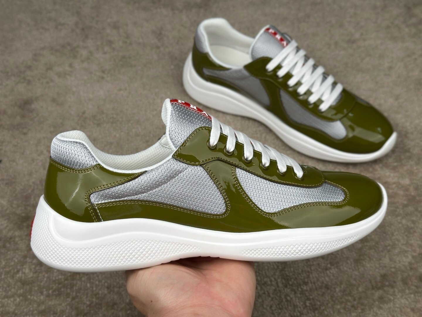 Prada Americas Cup Olive Green Grey Patent Trainers