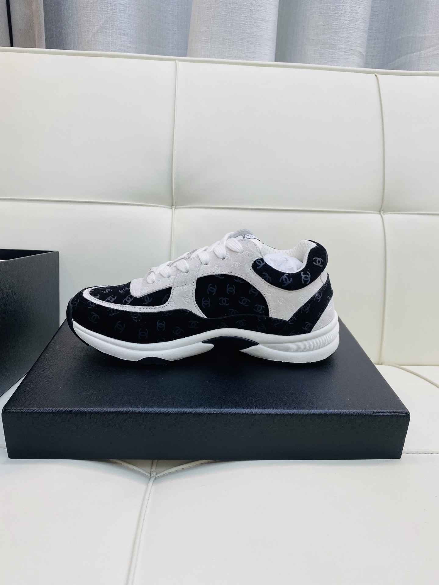 Chanel Low Top CC Trainer Black White Suede