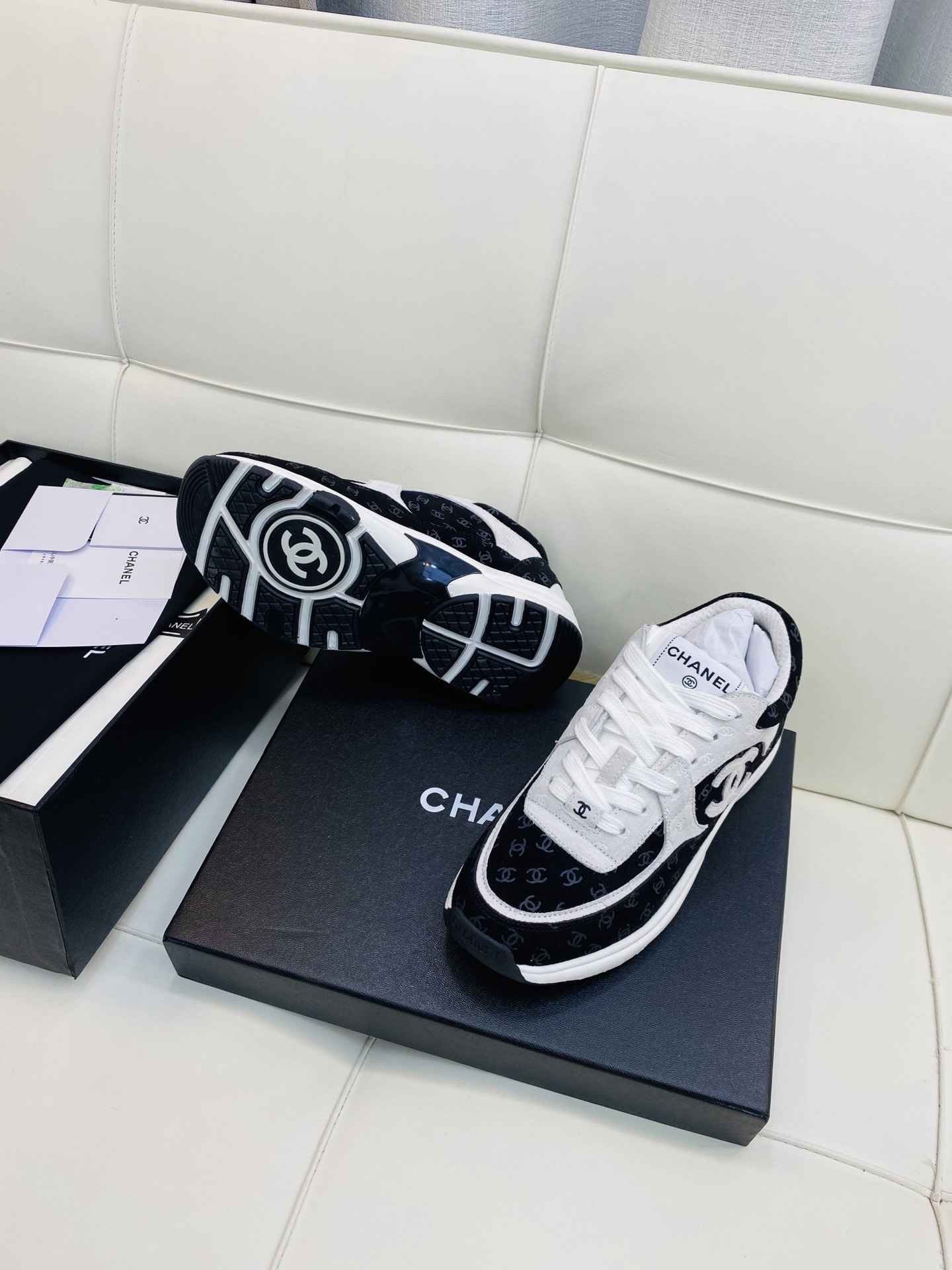 Chanel Low Top CC Trainer Black White Suede