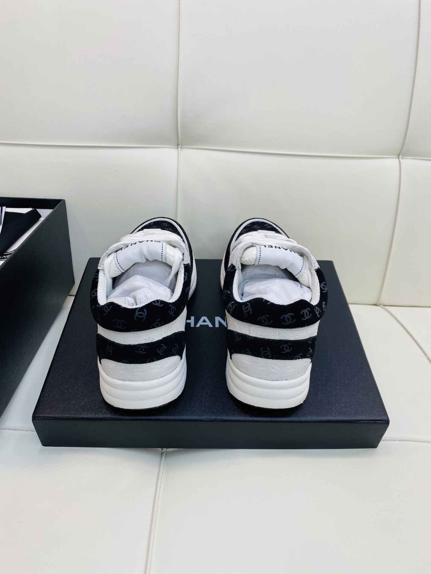Chanel Low Top CC Trainer Black White Suede