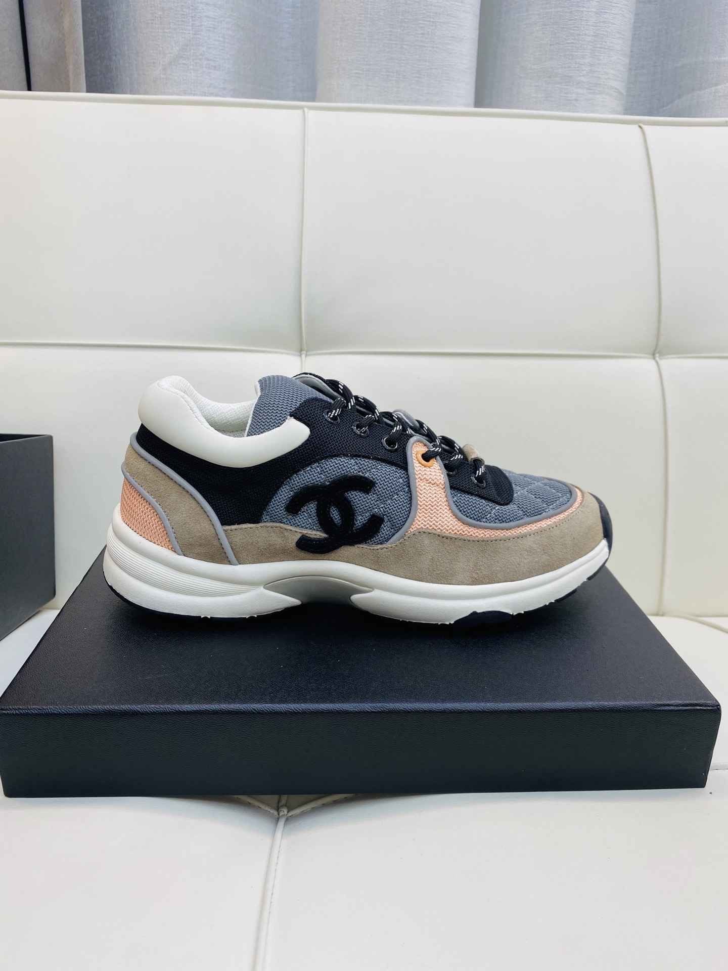 Chanel Low Top CC Trainer Grey Pink Suede