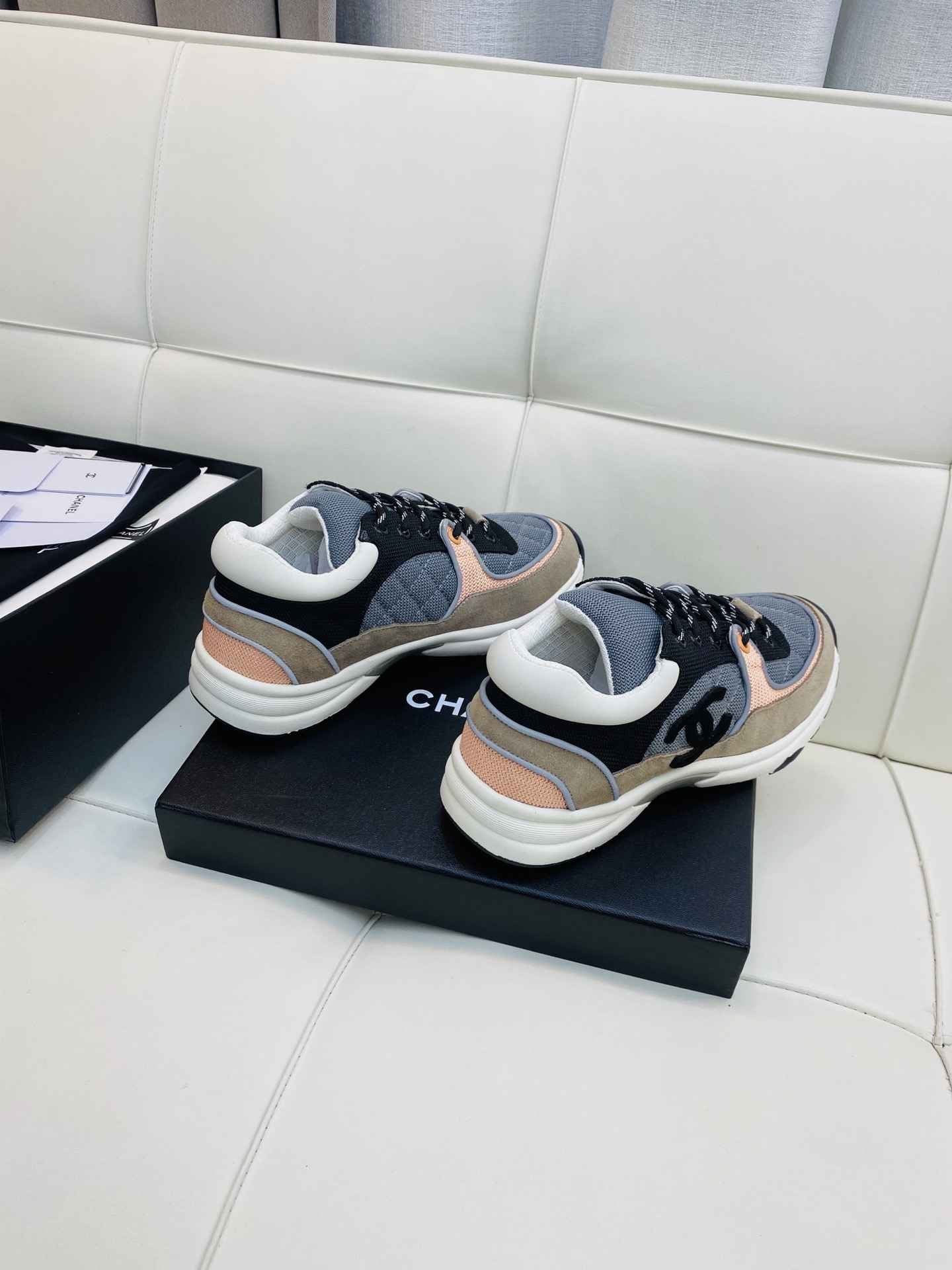 Chanel Low Top CC Trainer Grey Pink Suede