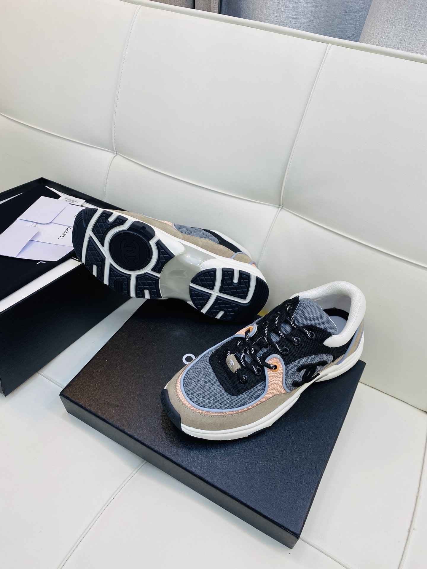 Chanel Low Top CC Trainer Grey Pink Suede