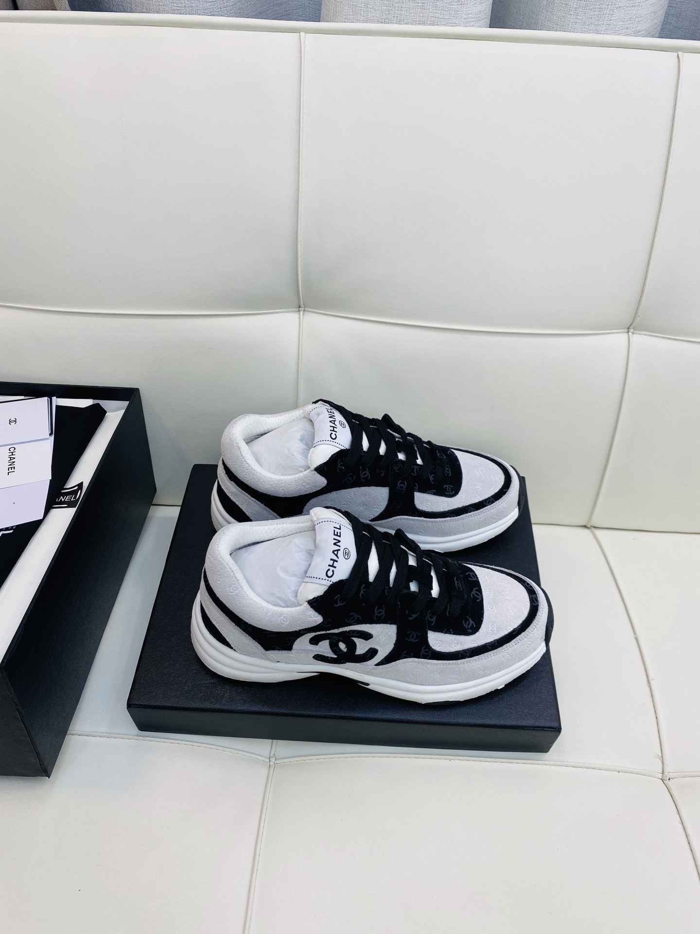Chanel Low Top CC Trainer White Black Suede