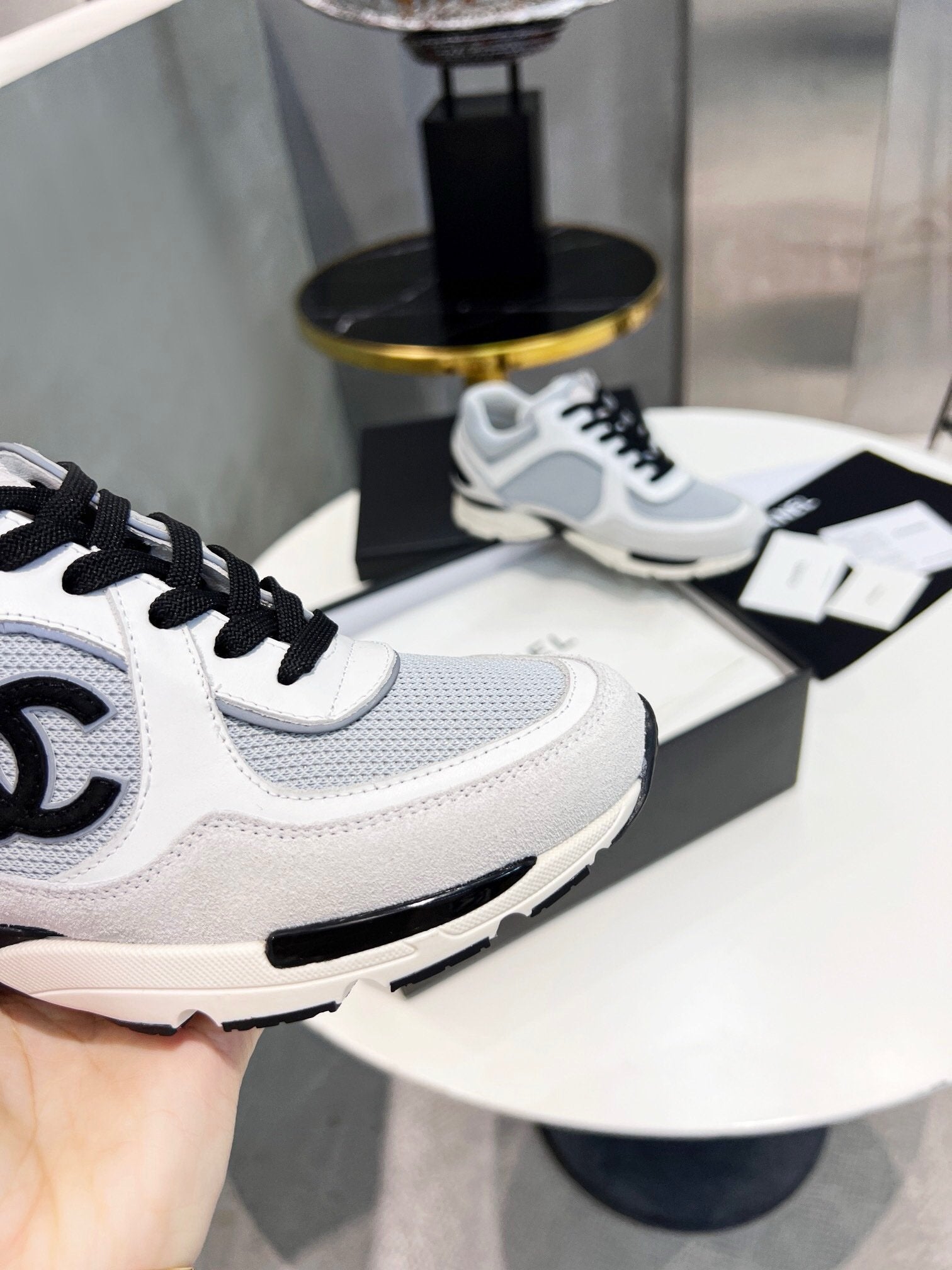 Chanel Low Top CC Trainer Black Logo White