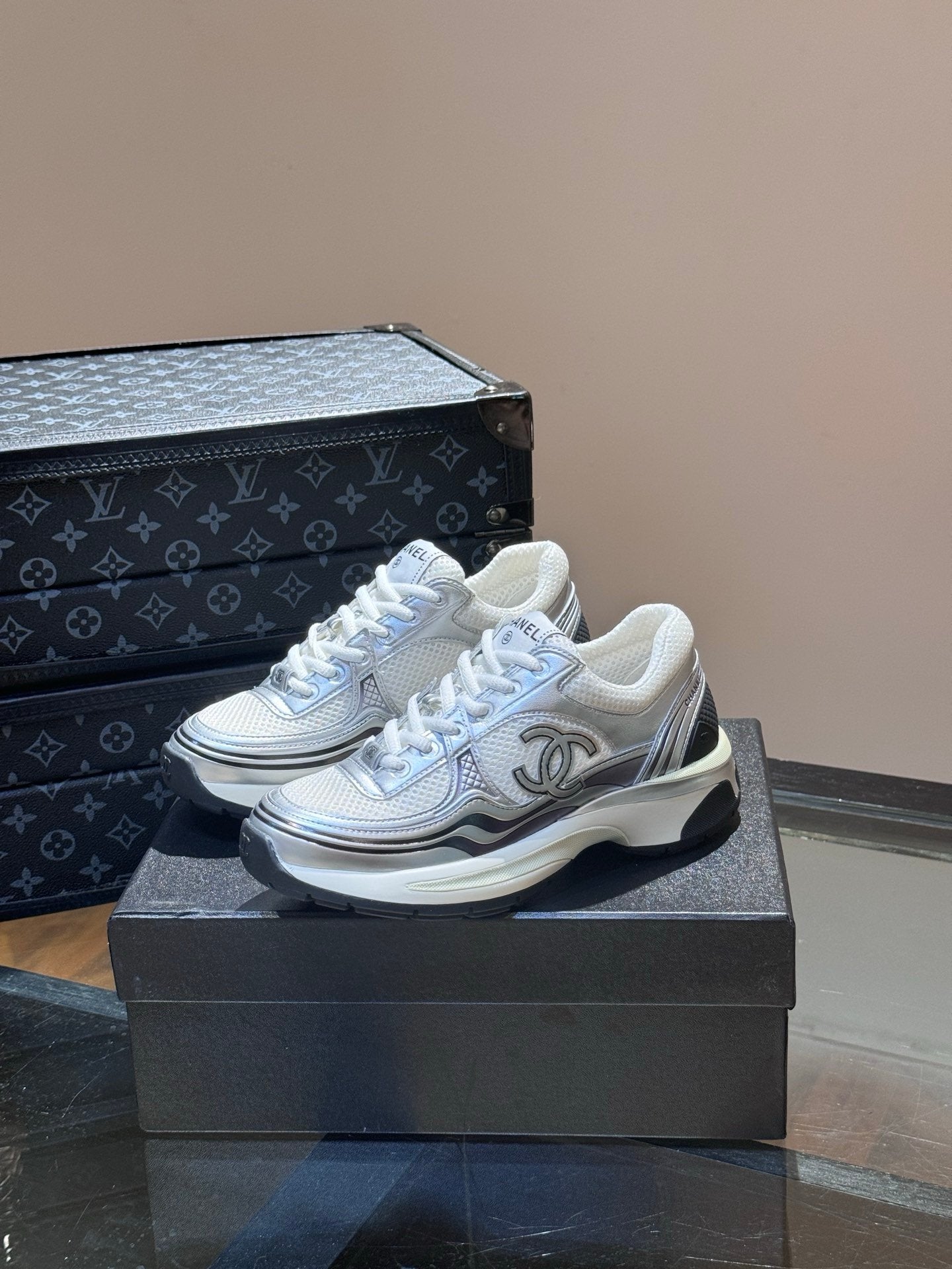 Chanel Low Top CC Trainer White Silver