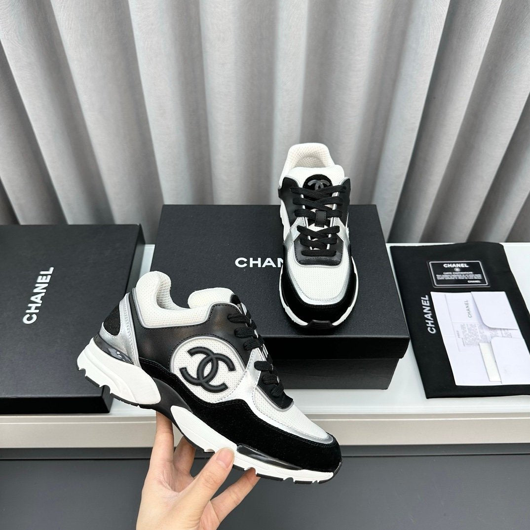 Chanel Low Top CC Trainer Black White Silver