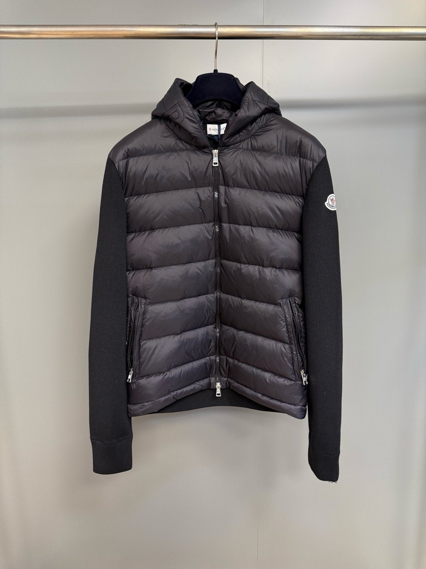 Moncler Padded Wool Knit Zip Up Jacket In Black