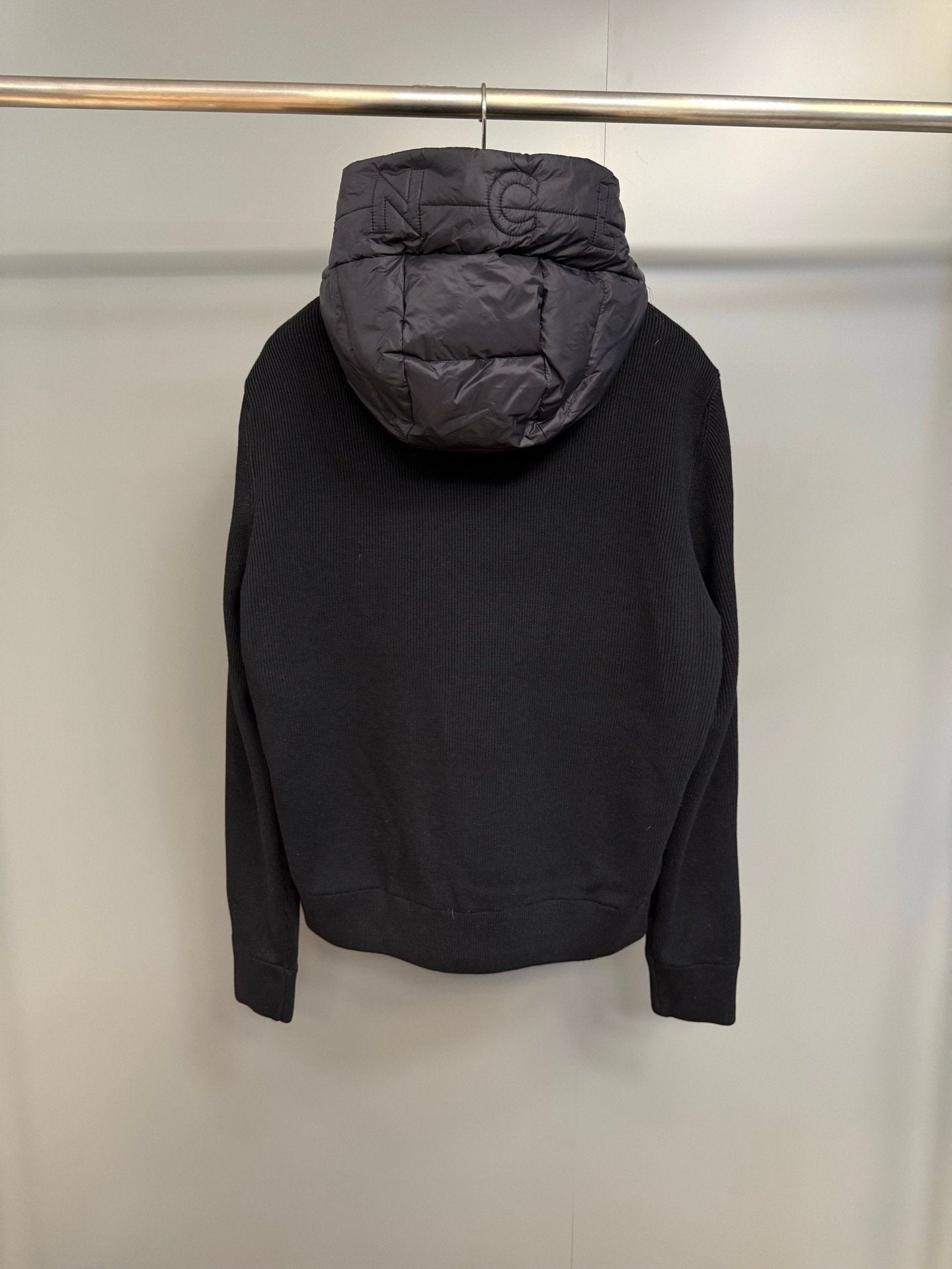 Moncler Padded Wool Knit Zip Up Jacket In Black