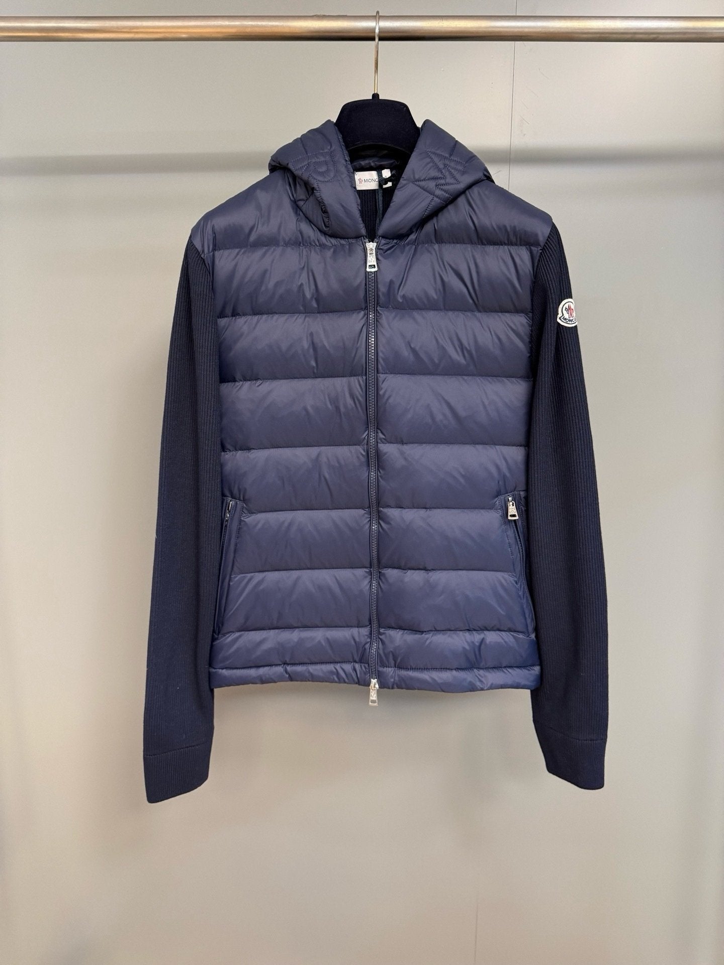 Moncler Padded Wool Knit Zip Up Jacket In Blue