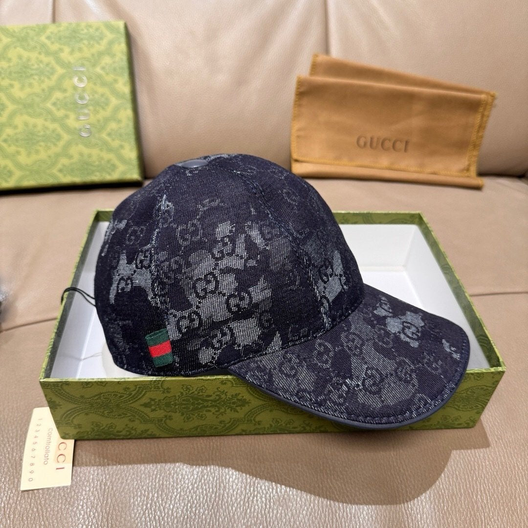 Gucci GG Denim Baseball Cap With Web Dark Blue