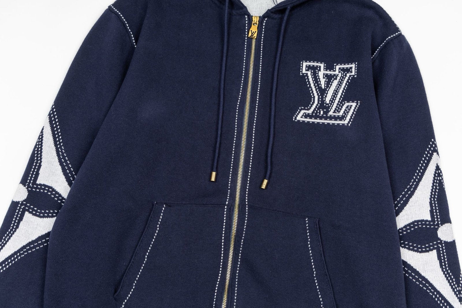Louis Vuitton Graphic Intarsia Zipped Cotton Hoodie Navy/White