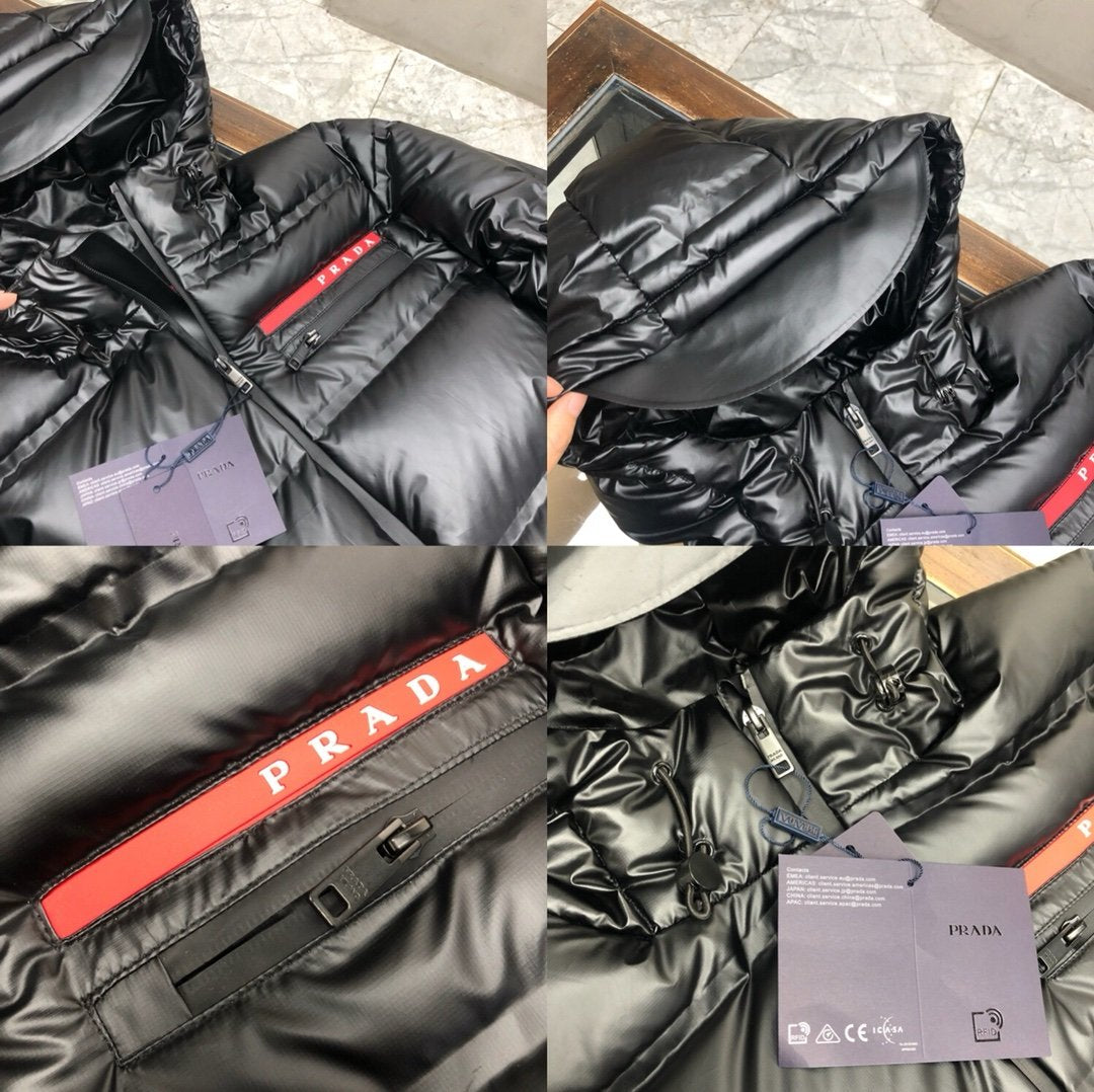 Prada Linea Rossa Re-Nylon Hooded Puffer Jacket Black