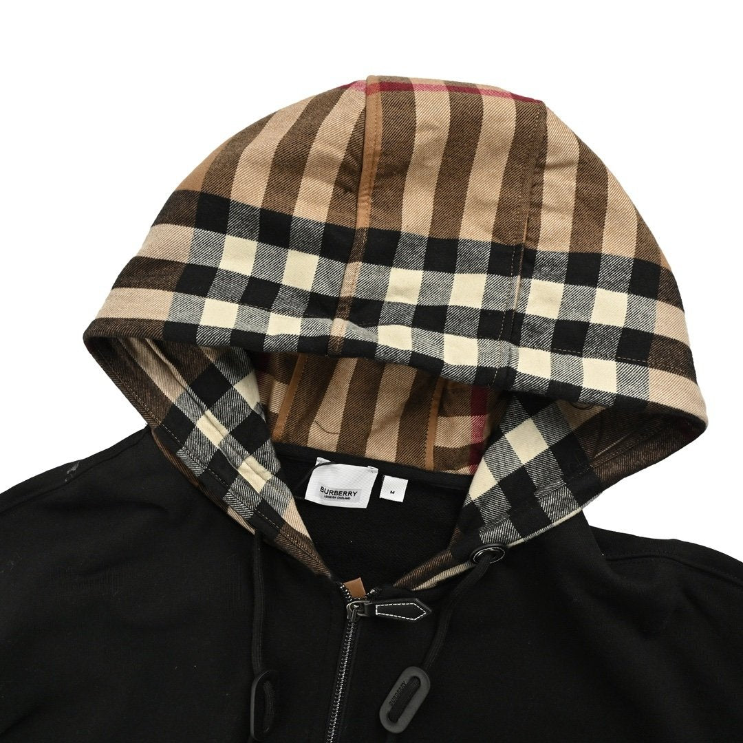 Burberry Check Cotton Blend Zip Hoodie Black