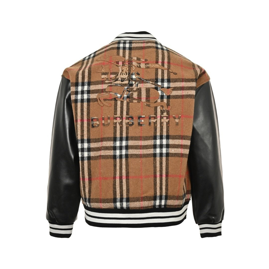 Burberry Checked Leather Sleeve Bomber Jacket