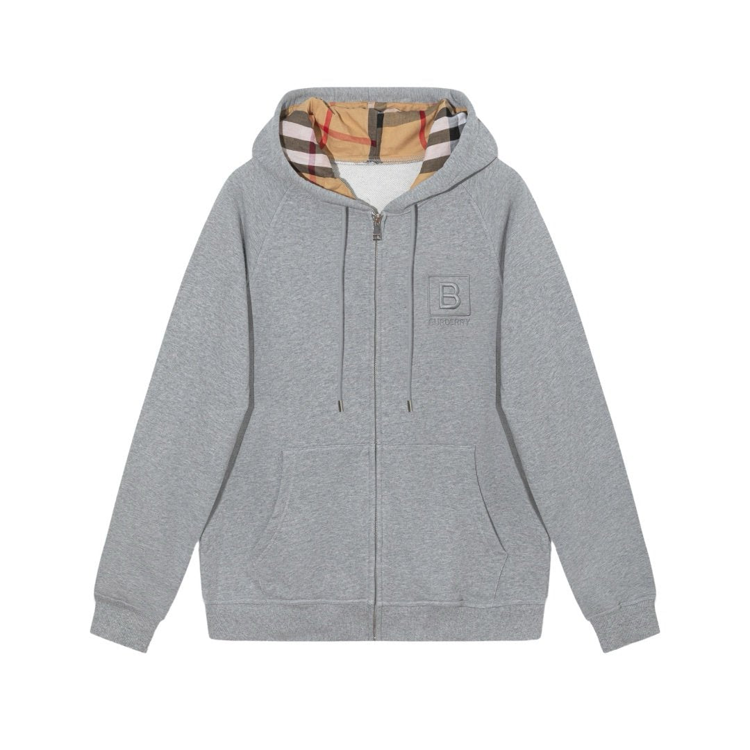 Burberry Check Zip Hoodie Grey