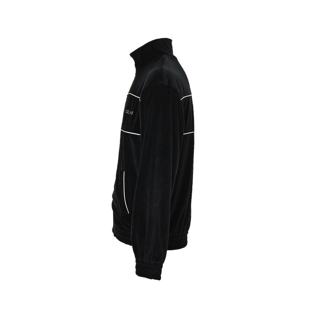 Celine Black Logo Embroidered Corduroy Cotton Zipped Bomber Jacket