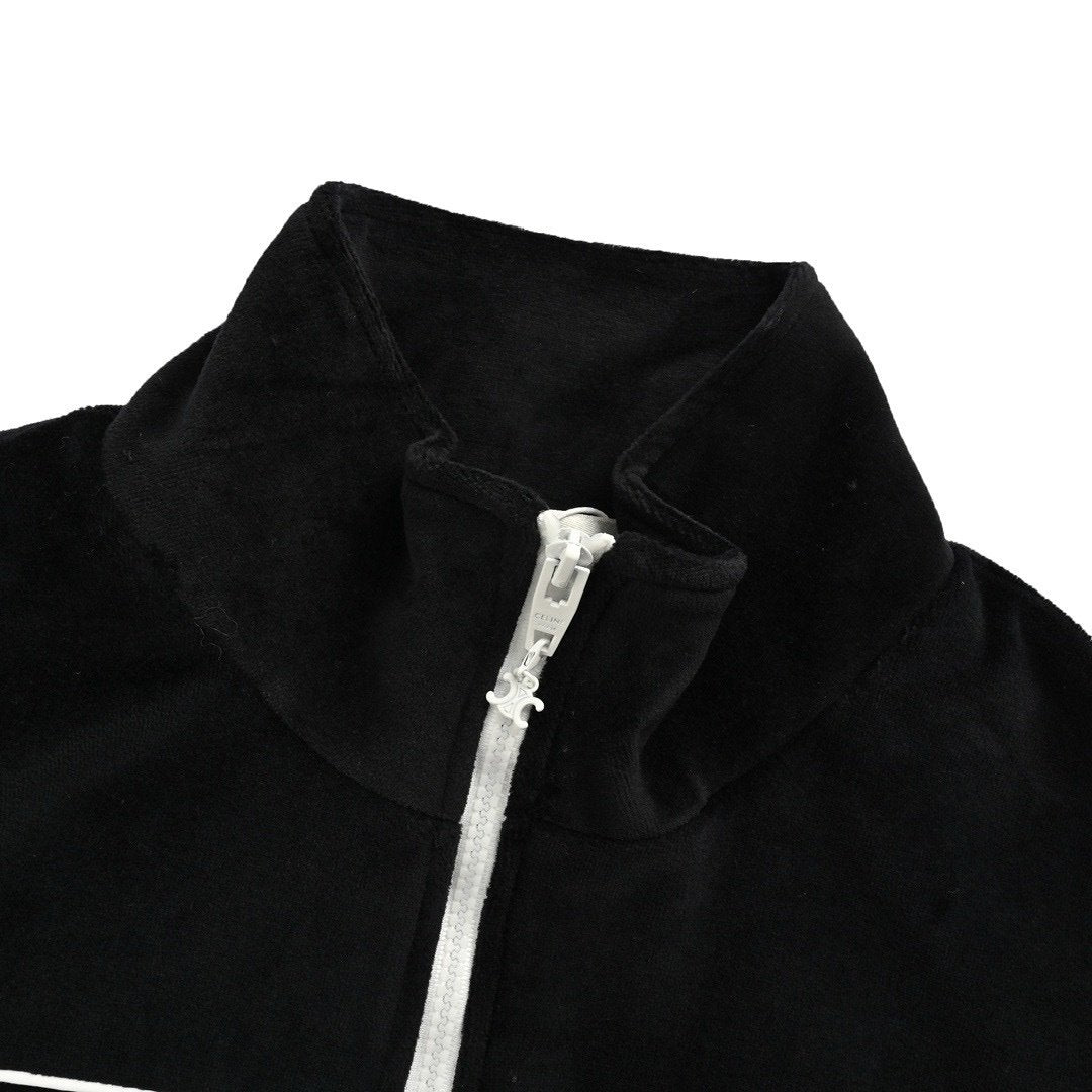 Celine Black Logo Embroidered Corduroy Cotton Zipped Bomber Jacket