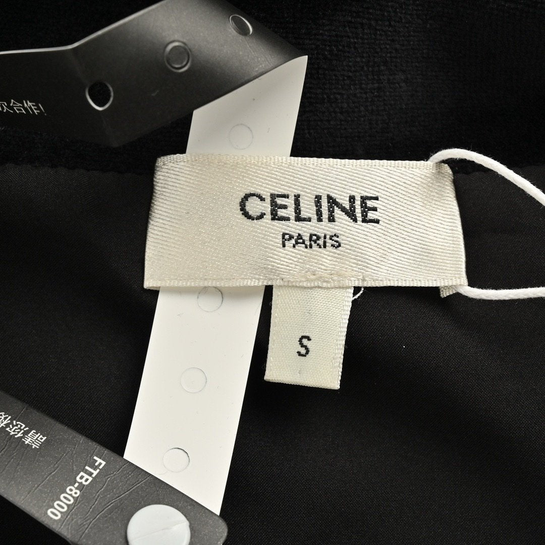 Celine Black Logo Embroidered Corduroy Cotton Zipped Bomber Jacket