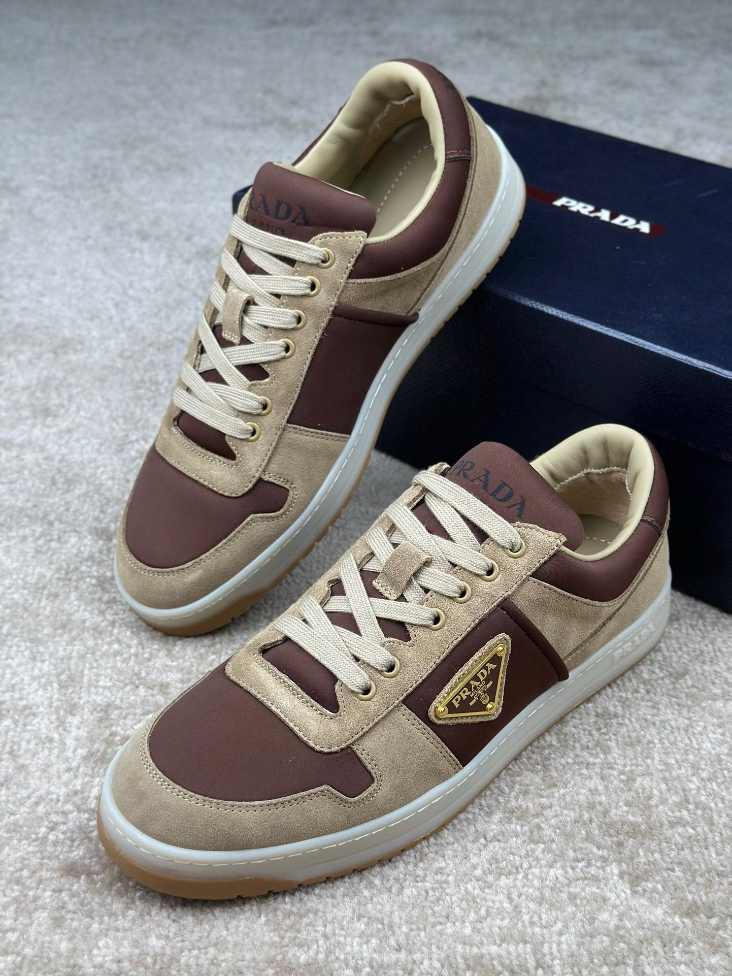 Prada Downtown Beige Suede & Re-Nylon