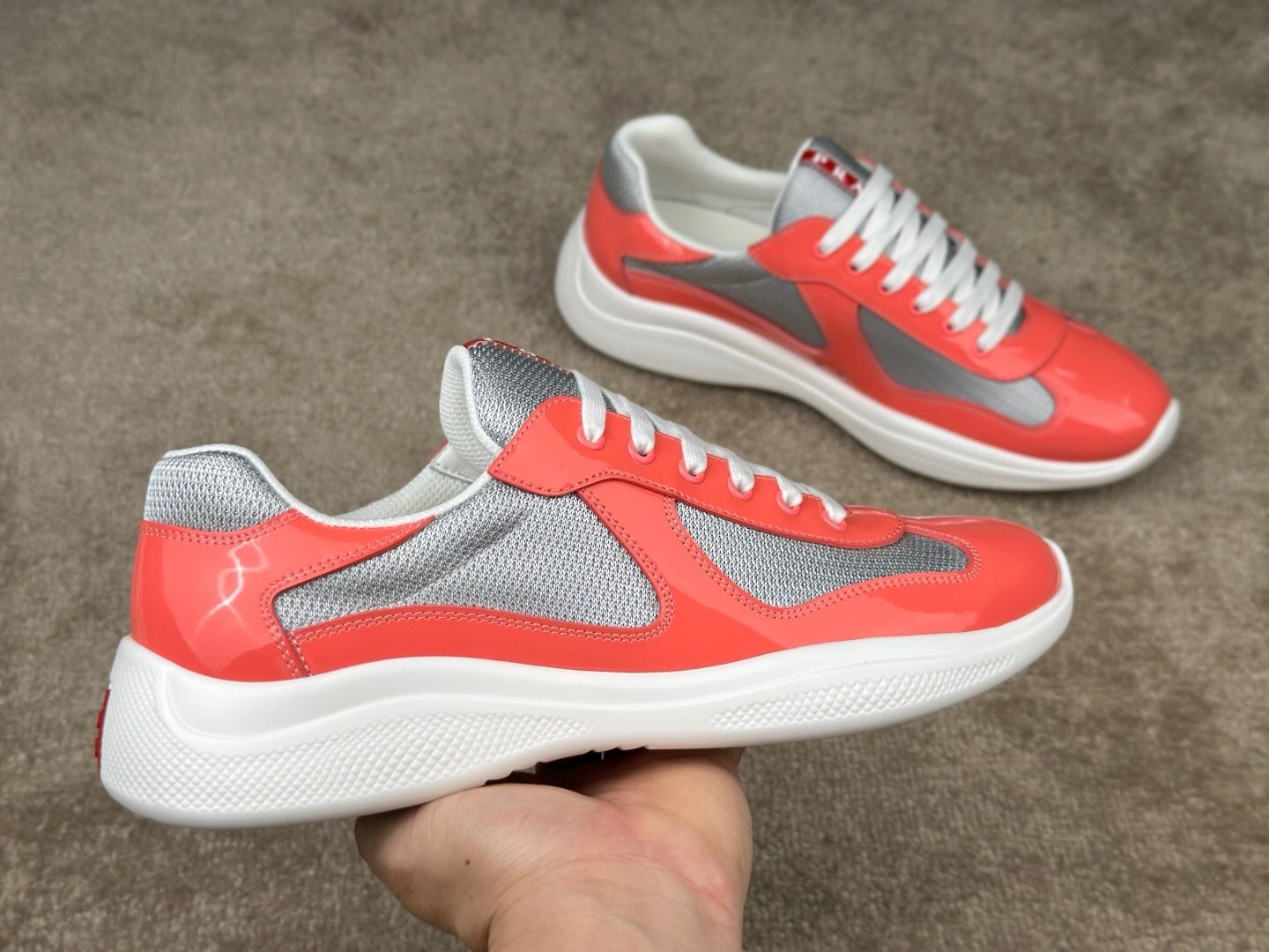 Prada Americas Cup Coral Silver Trainers