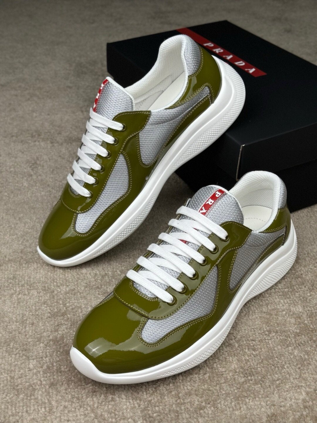 Prada Americas Cup Olive Green Grey Patent Trainers