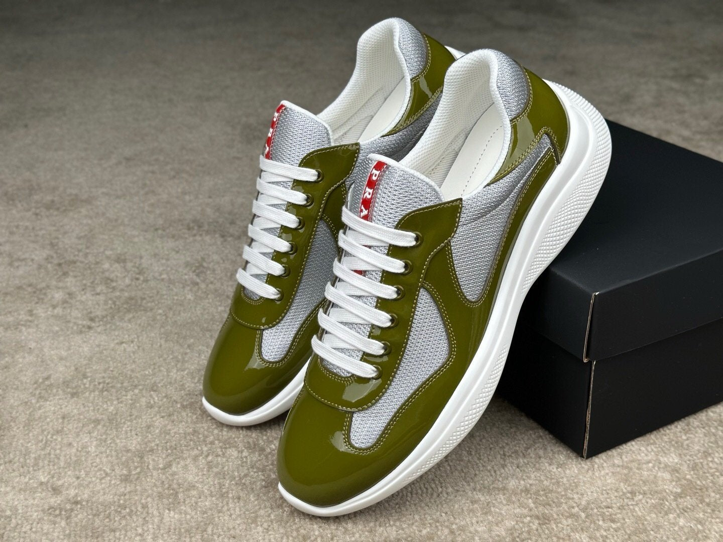 Prada Americas Cup Olive Green Grey Patent Trainers