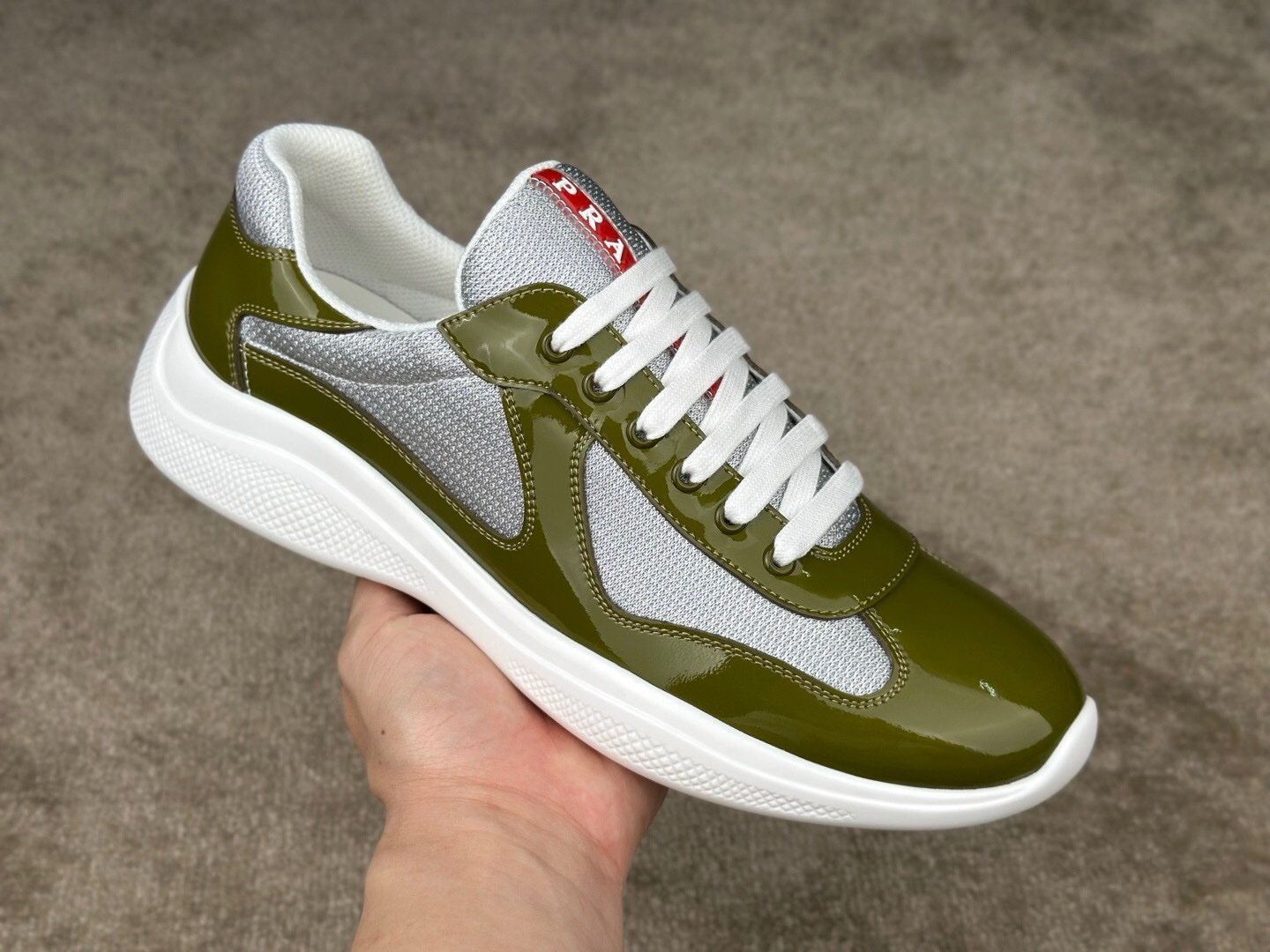 Prada Americas Cup Olive Green Grey Patent Trainers