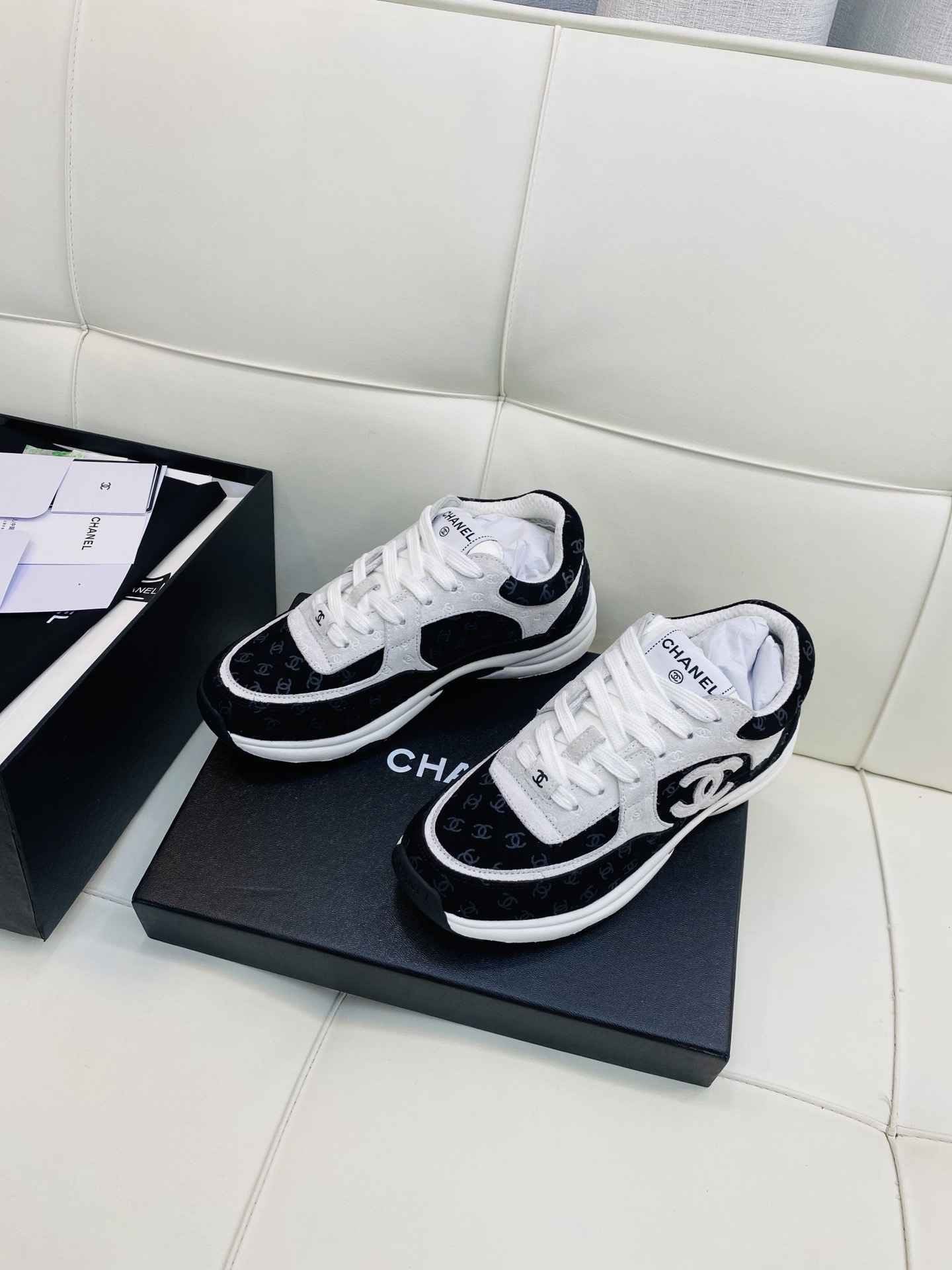 Chanel Low Top CC Trainer Black White Suede