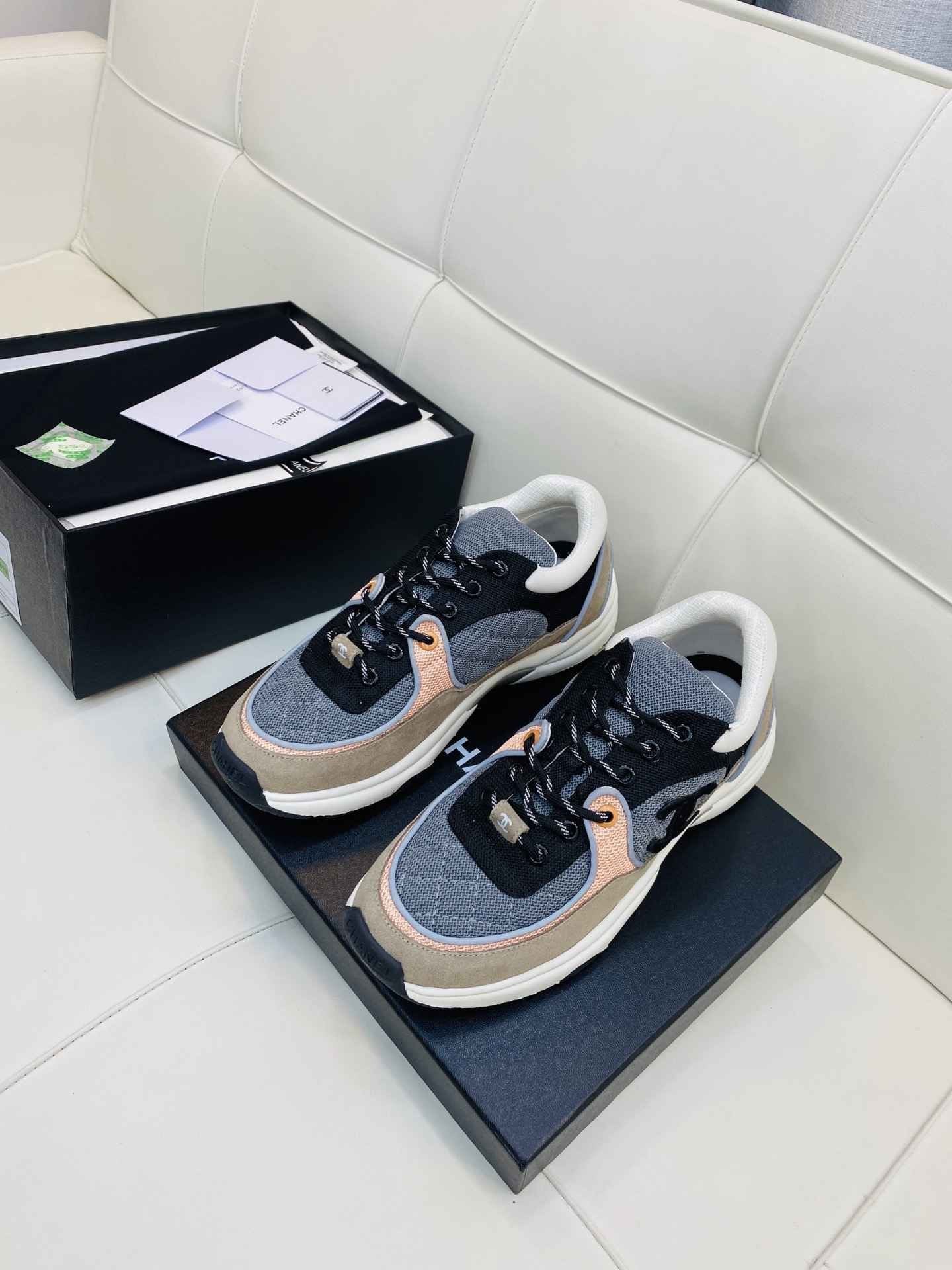Chanel Low Top CC Trainer Grey Pink Suede