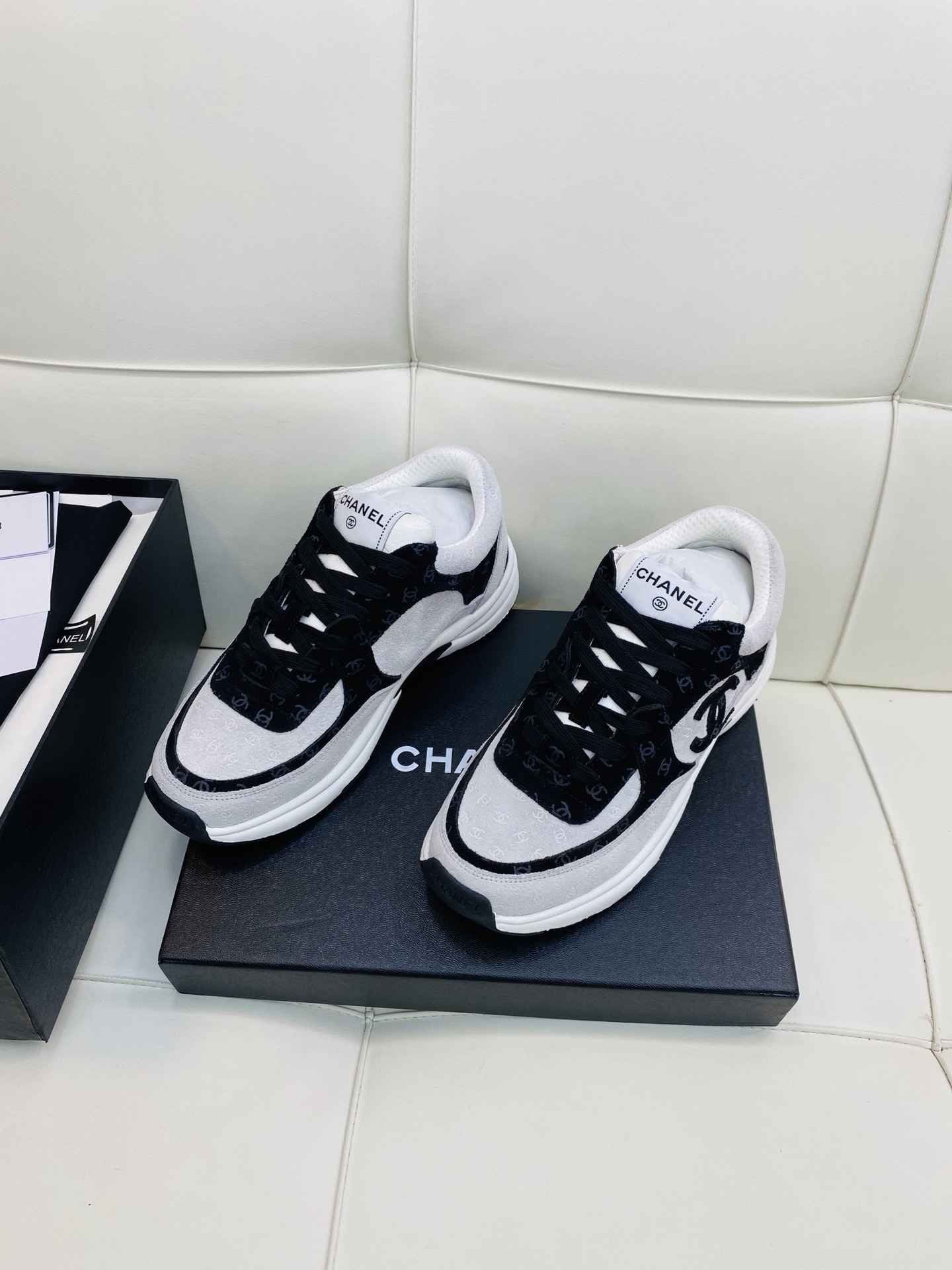 Chanel Low Top CC Trainer White Black Suede