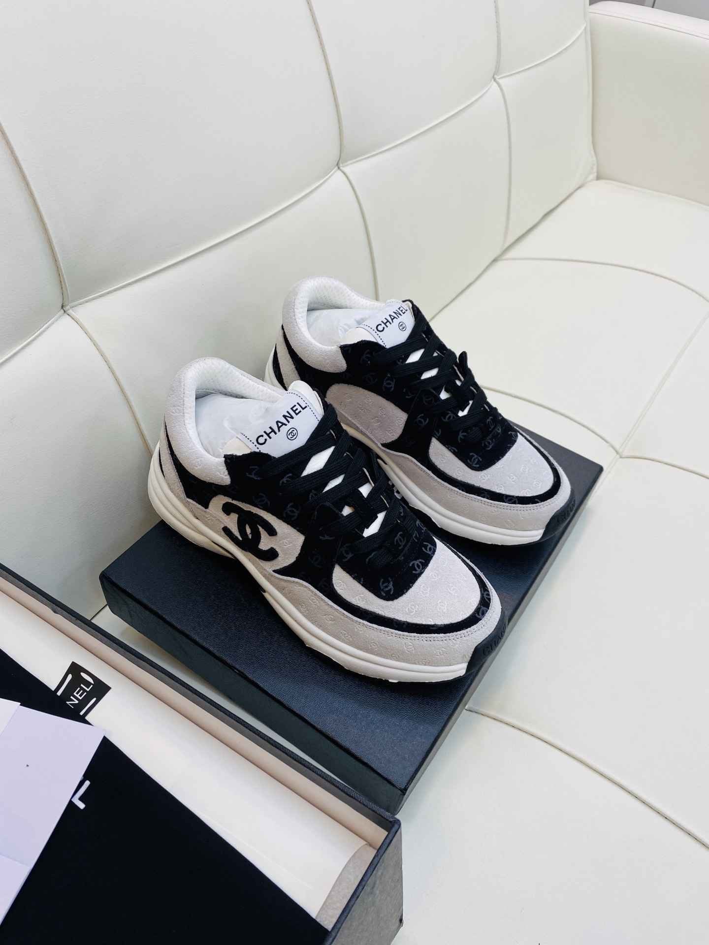 Chanel Low Top CC Trainer White Black Suede