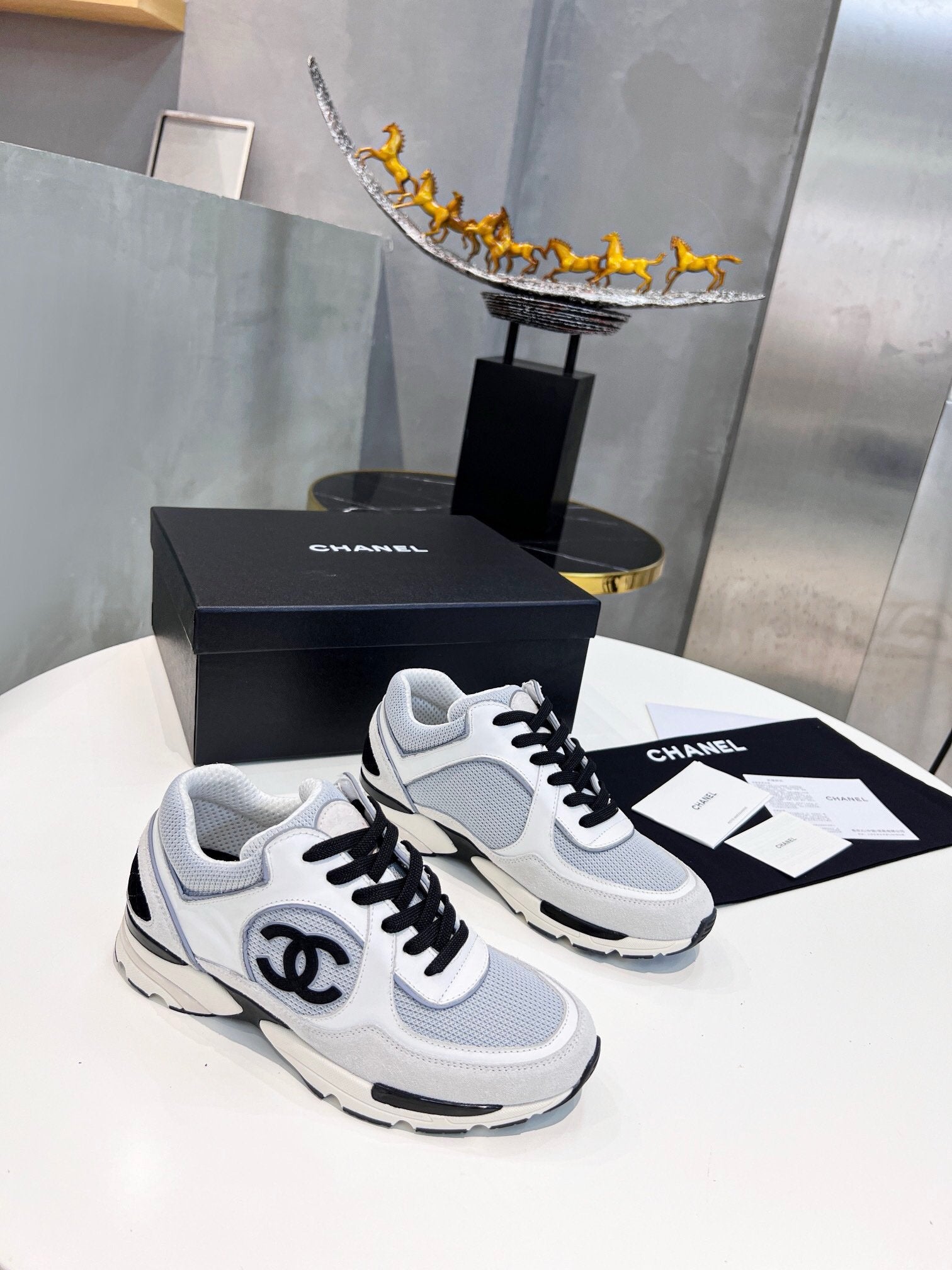 Chanel Low Top CC Trainer Black Logo White
