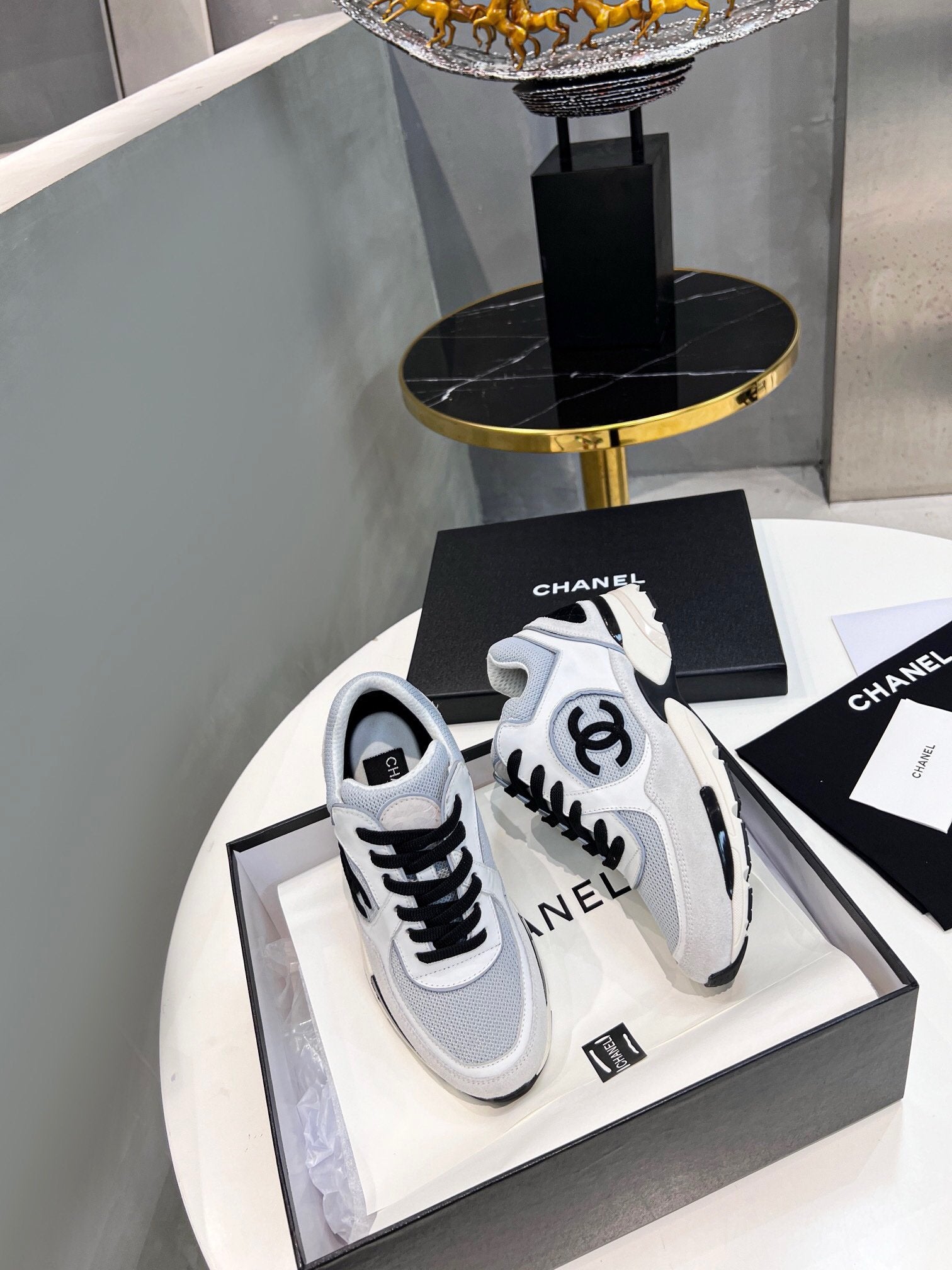 Chanel Low Top CC Trainer Black Logo White