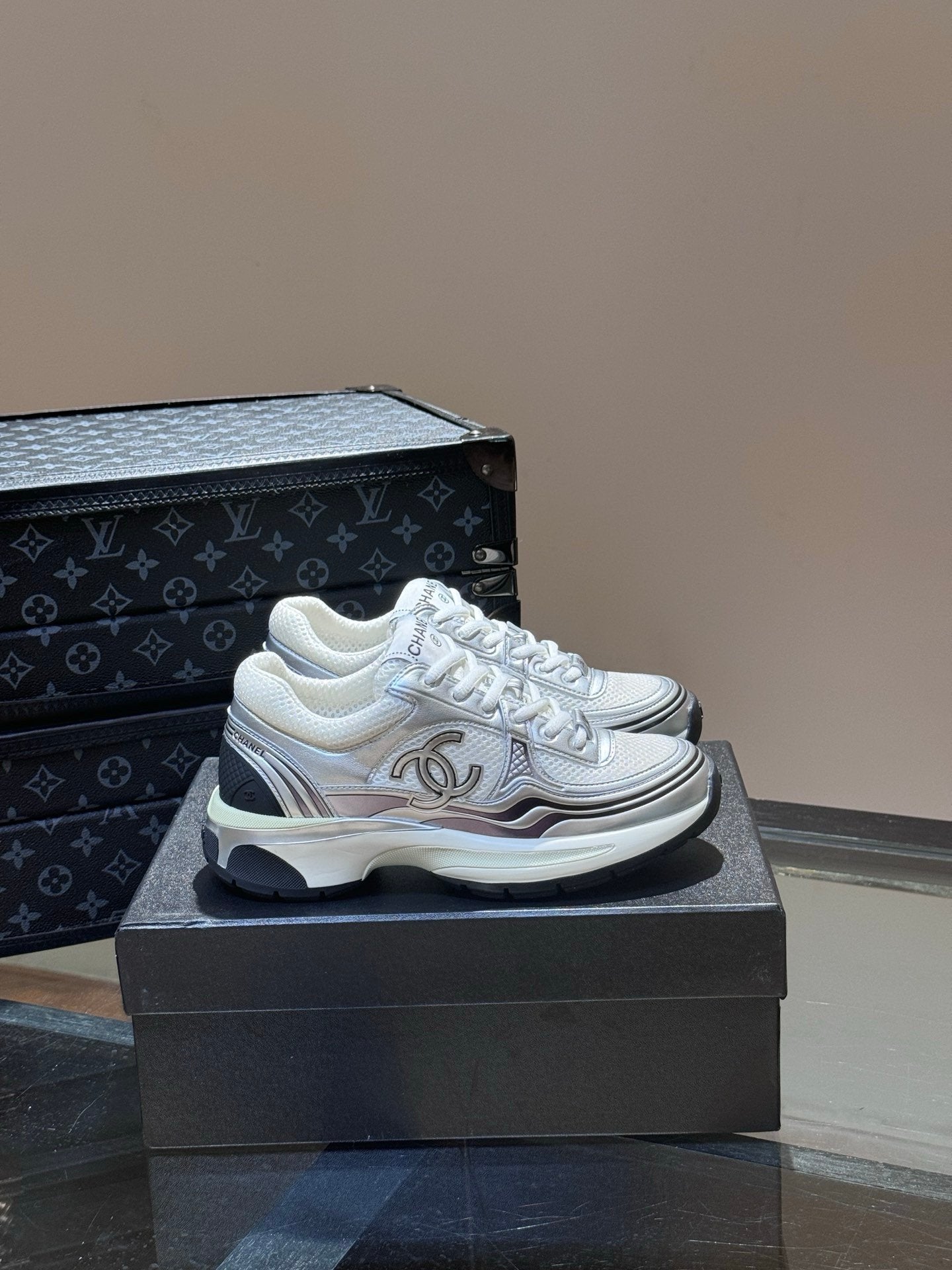 Chanel Low Top CC Trainer White Silver