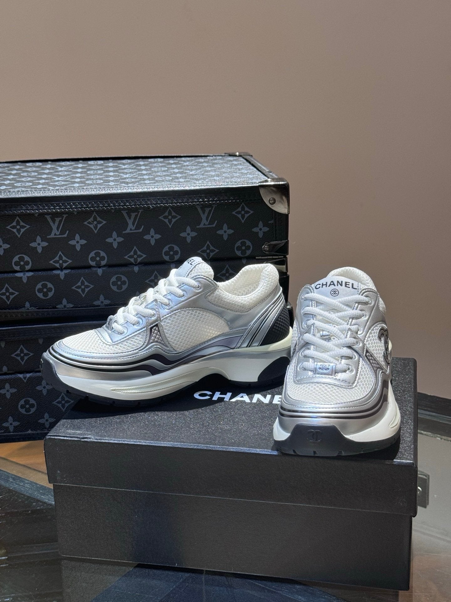 Chanel Low Top CC Trainer White Silver