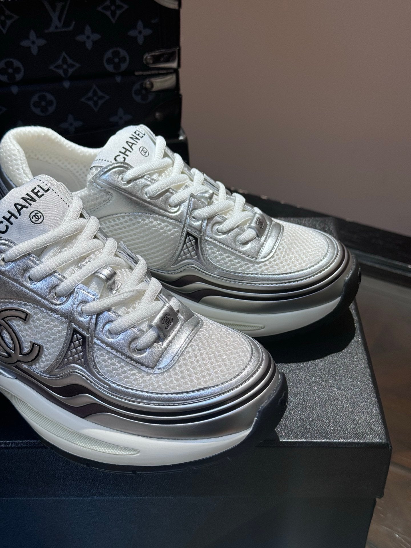 Chanel Low Top CC Trainer White Silver