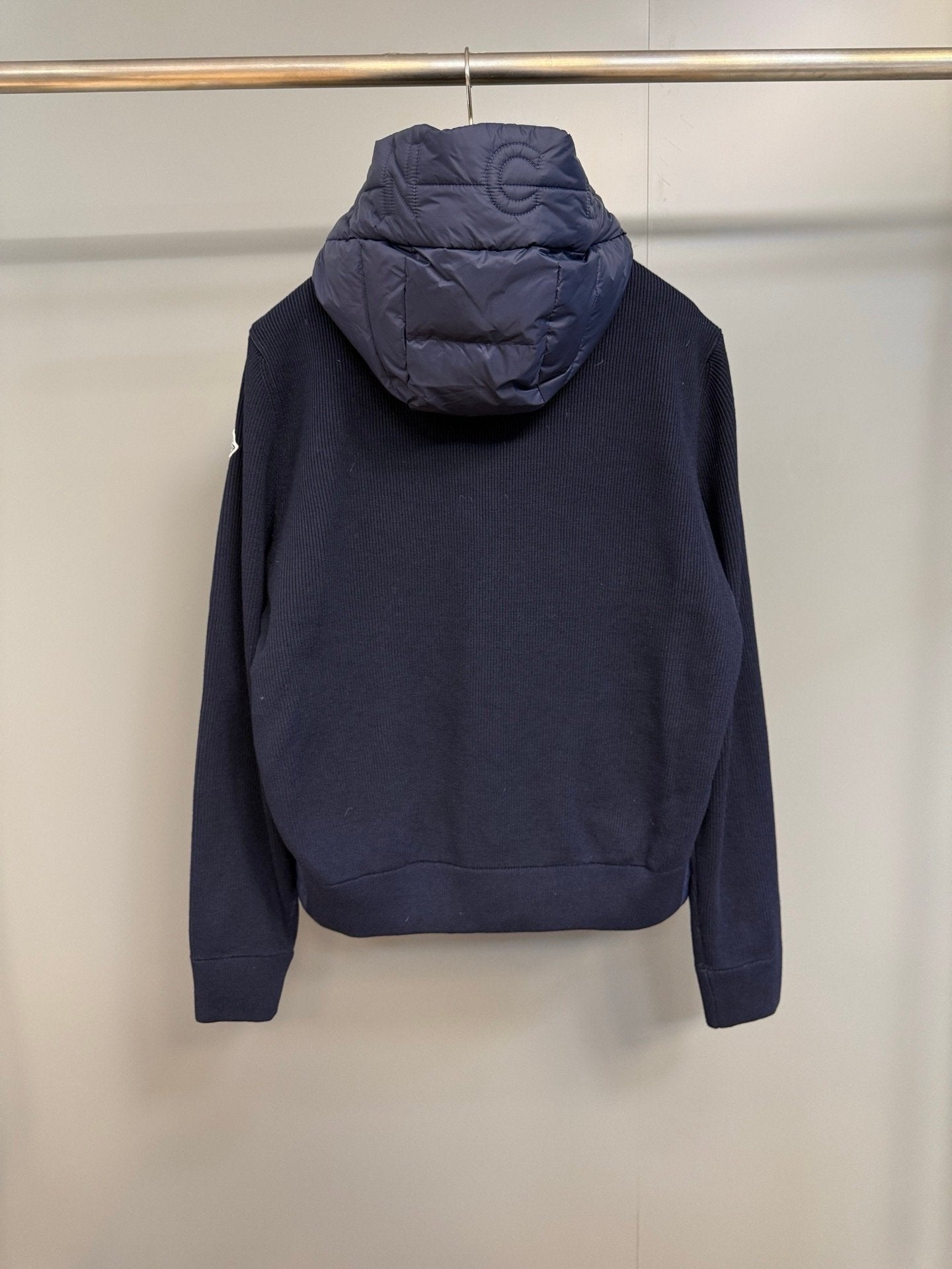 Moncler Padded Wool Knit Zip Up Jacket In Blue