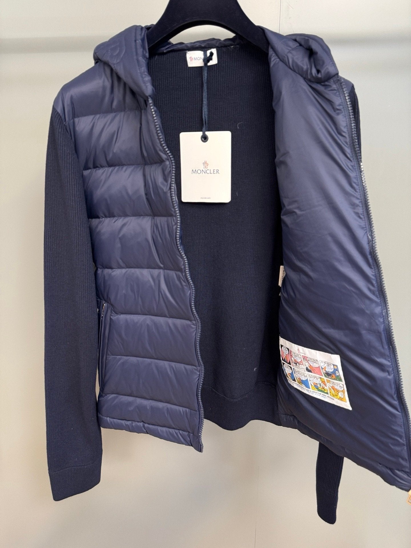 Moncler Padded Wool Knit Zip Up Jacket In Blue