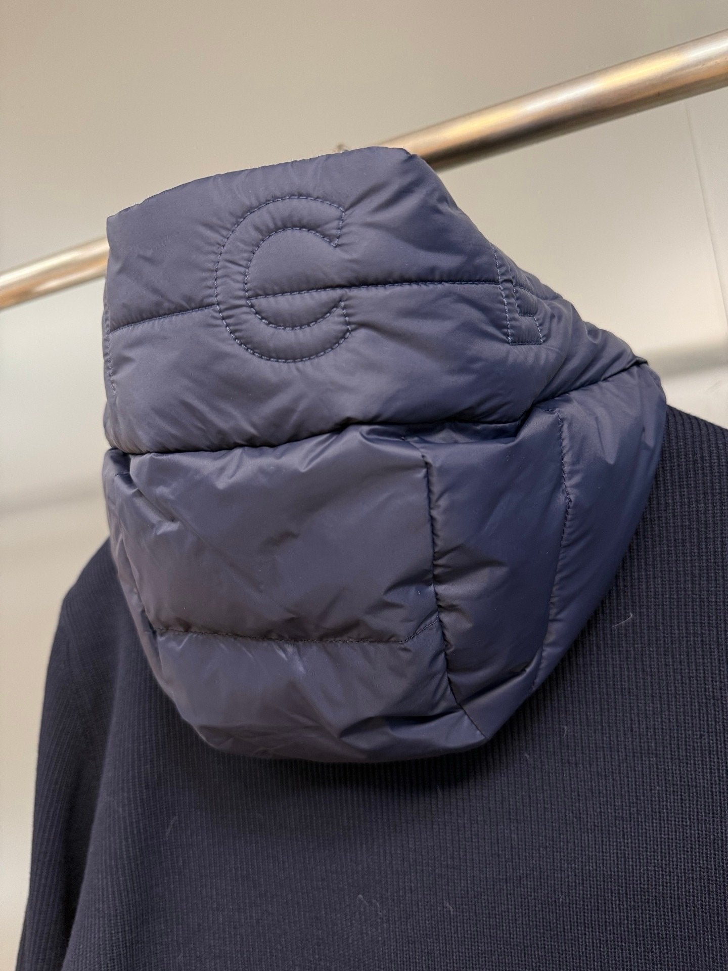 Moncler Padded Wool Knit Zip Up Jacket In Blue