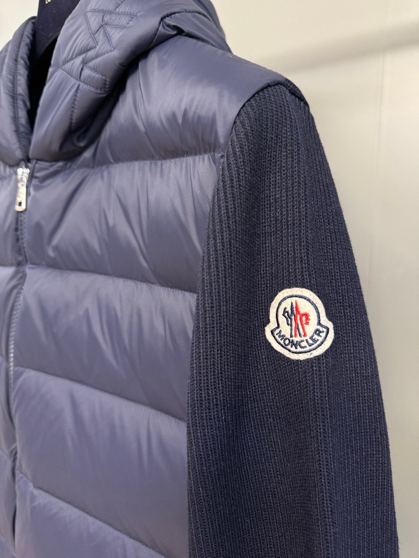 Moncler Padded Wool Knit Zip Up Jacket In Blue