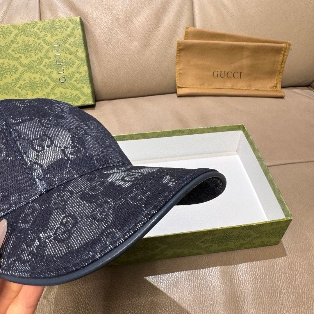 Gucci GG Denim Baseball Cap With Web Dark Blue